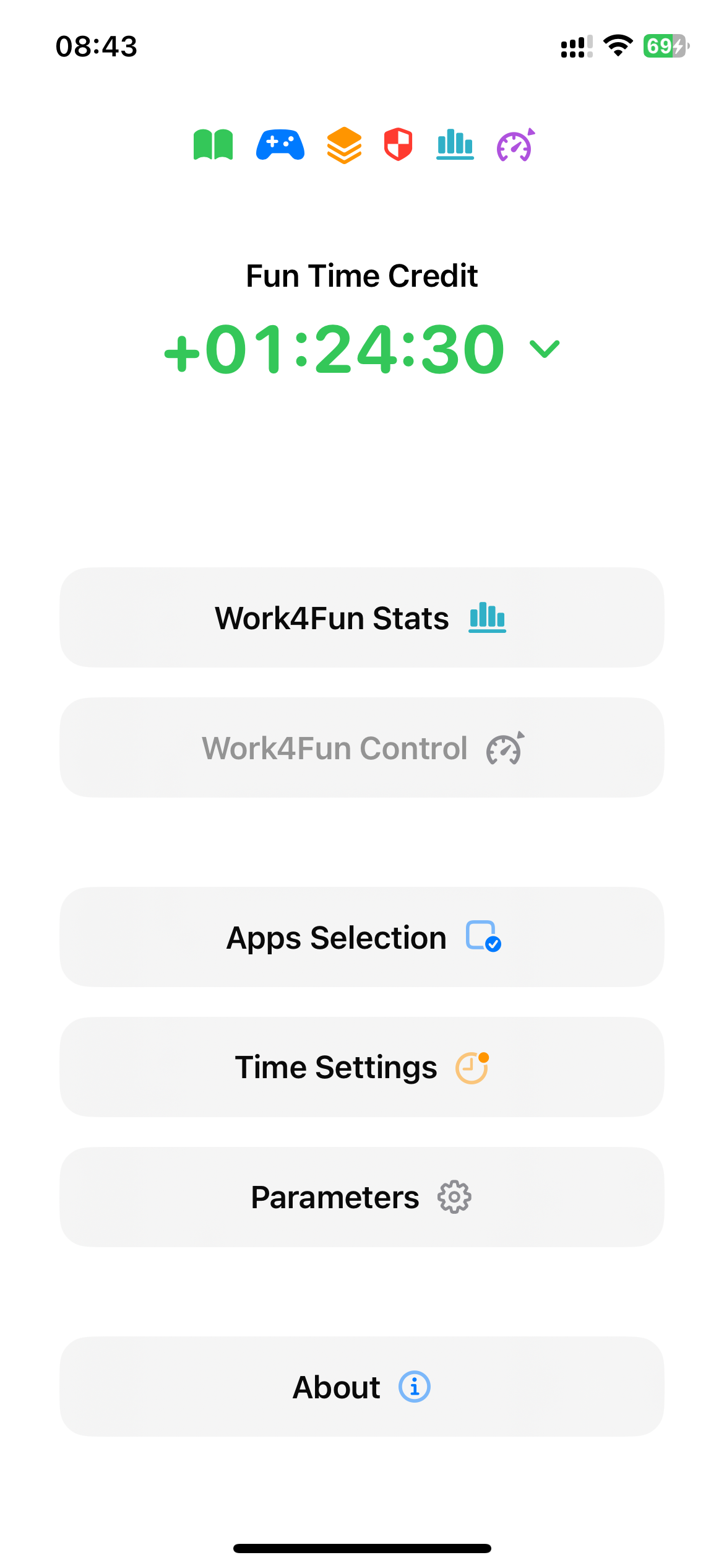 TimeCredit — main screen