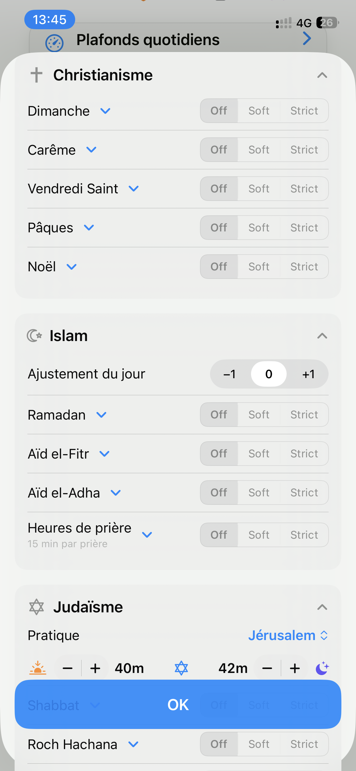 List of observances with the Off / Soft / Strict modes